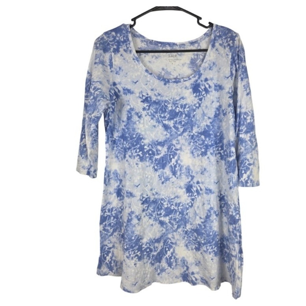 Pure Jill Ballet Sleeve Tunic Top M Womens Blue White Pullover Tie Dye Look